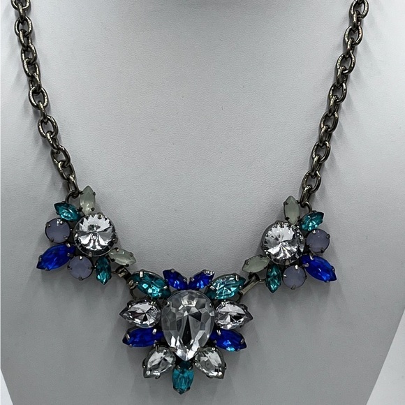 J. Crew Emerald, Blues, Teal, Light Green Rhinestones Statement Bib Necklace - Picture 2 of 14